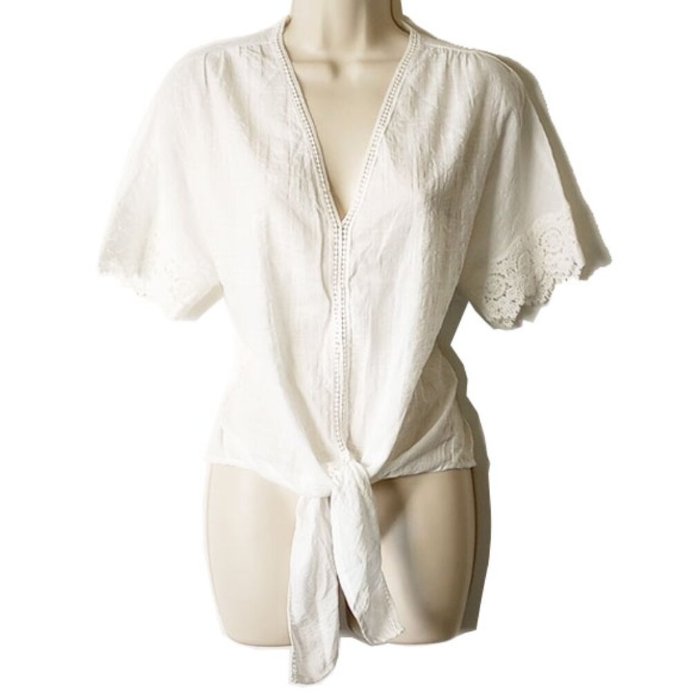 NWT $78 Max Studio V-Neck Tie-Front Crinkle Gauze Top S White